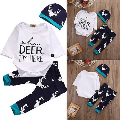 

3Pcs/Set New Arrive Autumn Cute Newborn Baby Kids Boy Girl Deer T-shirt Tops+Pants Outfits Sets Clothes 0-24M