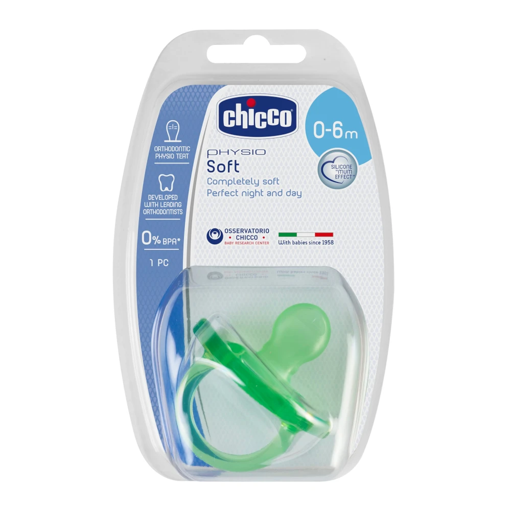 Пустышка Chicco Physio Soft, 1 шт., 0-6 мес., силикон, голубая