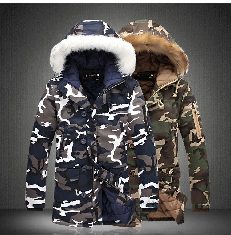 Male Fur collar Hooded wadded Camouflage Parkas Mens Military Medium long Winter Coat Thickening warm Cotton-padded Jacket