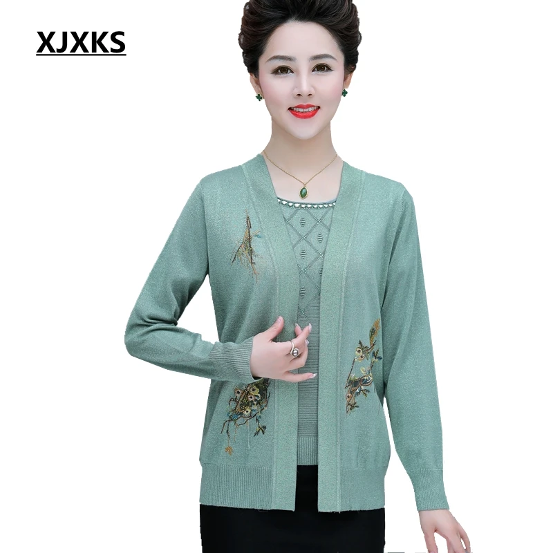 

XJXKS Womens Sweaters 2019 Oversized Cardigan Elegant Two-piece Embroidered Top + Cardigan Long Sleeve Sweater Set