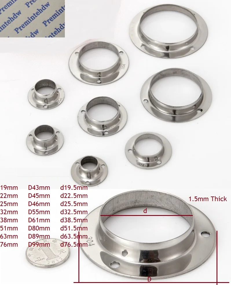 

2Pcs/Lot 304 Stainless Steel Outdoor Flange Holder Bracket Closet Rod Wall Floor 19mm 22mm 25mm 32mm 38mm 51mm 63mm 76mm Tube