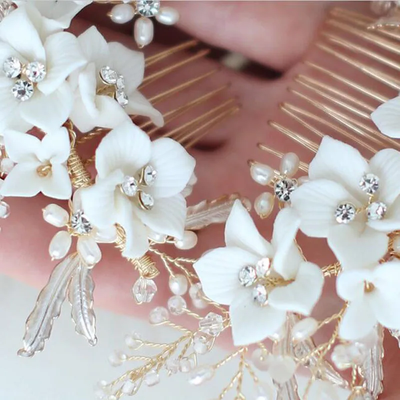 Floralbride Handmade Crystal Rhinestone Freshwater Pearls Flower Wedding Hair Comb Bridal Hair Accessories Women Jewelry