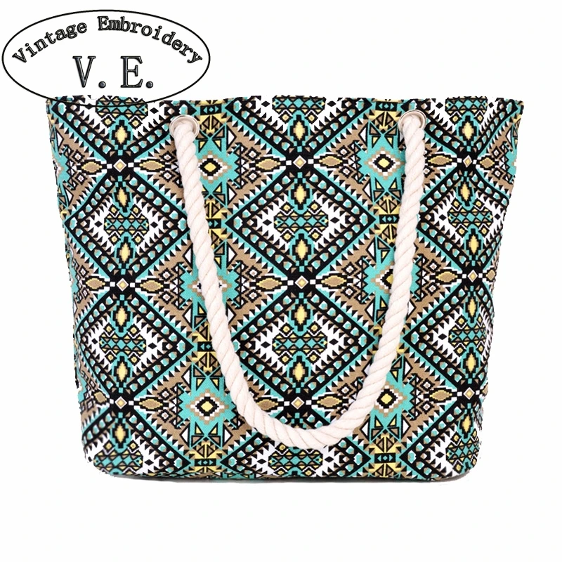 

Vintage Embroidery Women Handbag Boho Colorful Canvas Beach Bags Casual Travel Shoulder Bag Floral Printing Big Shopping Bag