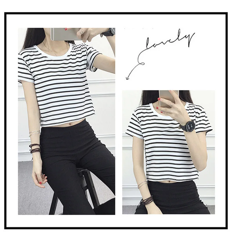 

Summer Women Striped Crop Top T-Shirt Short Sleeve Lady Girl Casual Tee Shirts JL