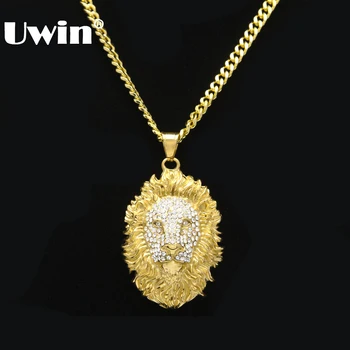 

Cool Men's Gold Color Stainless Steel Lion Rhinestone Face Pendant With 5mm Cuban Chain Necklace Hip Hop Jewelry Best Gift