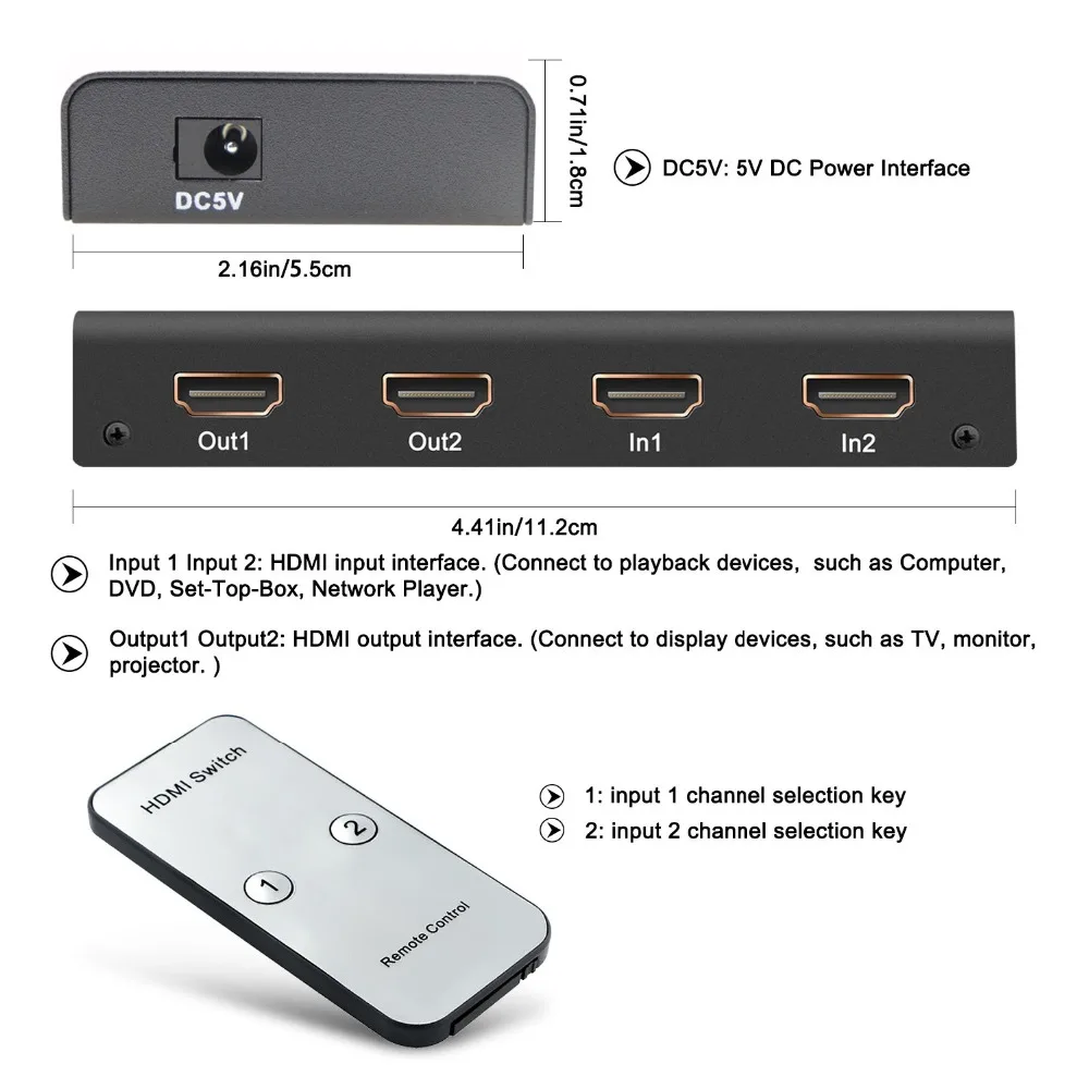 2X2 HDMI сплиттер коммутатор 2 в 2 Выход HDMI переключатель коробка с ИК-пультом и адаптером питания Поддержка 3D 1080P для HDTV PC PS3/PS4