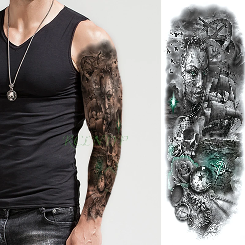 Водостойкая временная татуировка наклейка череп крест птичий глаз полная рука поддельные тату флэш-тату рукав большой размер для мужчин женщин девушек
