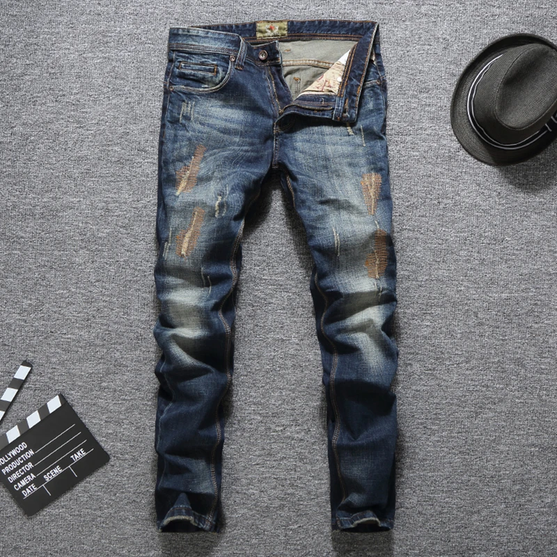

High Grade Men`s Brand Patchwork Jeans Masculino Denim Pants Punk Style Slim Fit Blue Distressed Grassia Jeans Men 29-38 RL635