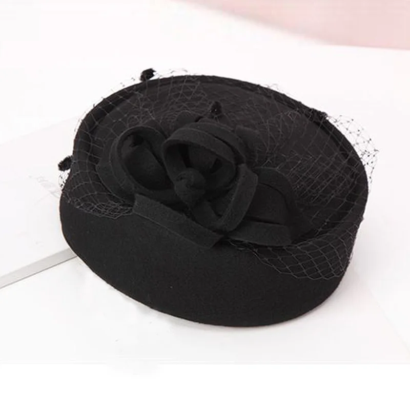 Женская Формальная фетровая шерстяная шляпа, женская вуаль, Коктейльная гонка, Дерби, вечерние, Свадебные шляпы, винтажная шерстяная шляпа-Вуалетка с цветами, шляпы для Федоров - Цвет: Черный