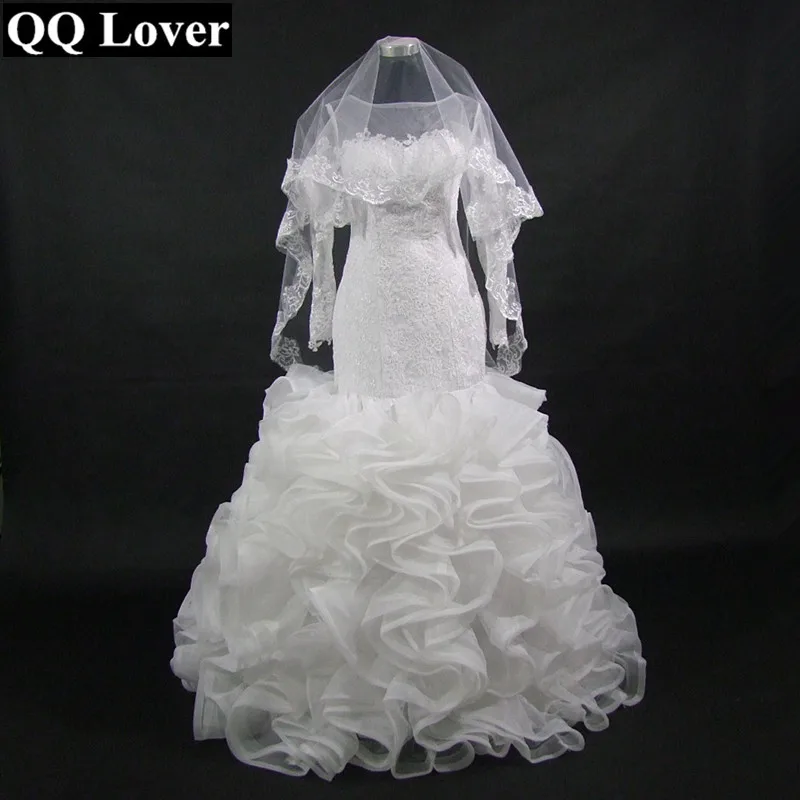 New African Fashion Illusion Long Sleeves Ruffles Mermaid font b Wedding b font Dress With Veil