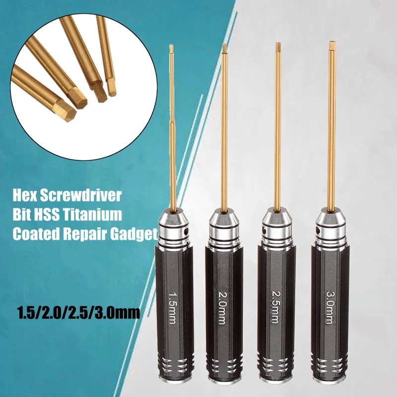 

4pcs 1.5/2.0/2.5/3.0mm Hex Screwdriver Bit HSS Titanium Coated Screwdriver Multi Use Hand Tools For Toy Cars Helicopters Planes