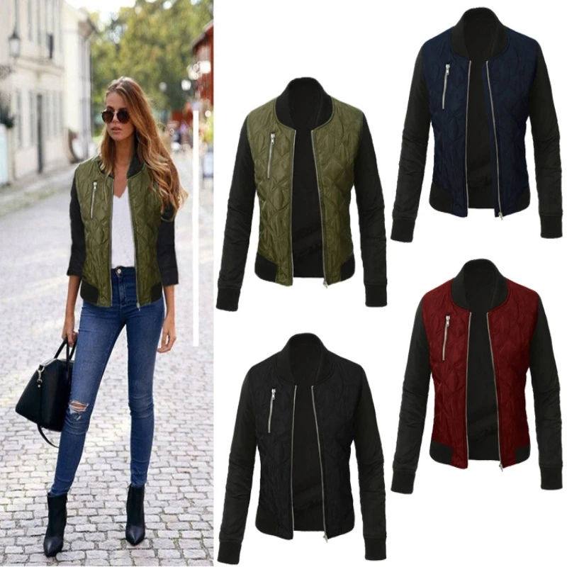 

Autumn Winter Leisure Fashion Zipper Solid Women Jacket O-neck Zipper Stitching Quilted Bomber jackets 2019 New Womens Coats