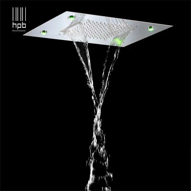 HPB wall mounted led 3 colors 3way rainfall waterfall shower faucets sets with thermostatic 3 function mixing valve 014-50x36P-N