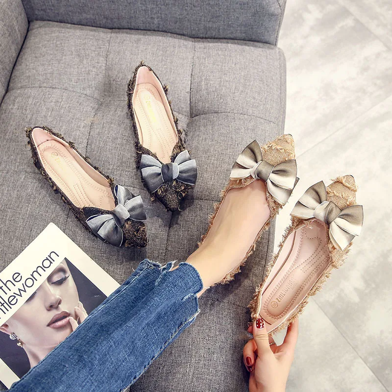 

2018 Fashion Women Flats Shoes Ladies Sweet Bow Pointed Toe Slip-on Canvas Women's Loafers Casual Female Footwear Spring Autumn