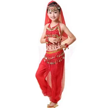 Костюм для танца живота для девочек, комплект для детей, индийские танцевальные костюмы для выступлений, детские костюмы для танца живота для девочек, египетские танцевальные костюмы, 4 предмета, 1 комплект