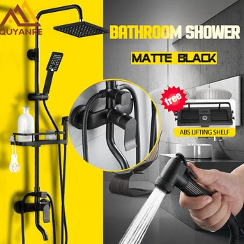 

Quyanre Matte Black Shower Faucet Set 4-way Shower With Commodity Shelf Bidet Spray Swivel Tub Spout 4-way Mixer Tap Bath Shower