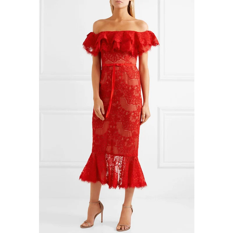 Robe Rouge Vêtements Pour Piste Taille Fête Dentelle Sexy Ruches En Arc Moulante Fishtail De Sirène Dames Encolure Élégante SpBPSRzn4q