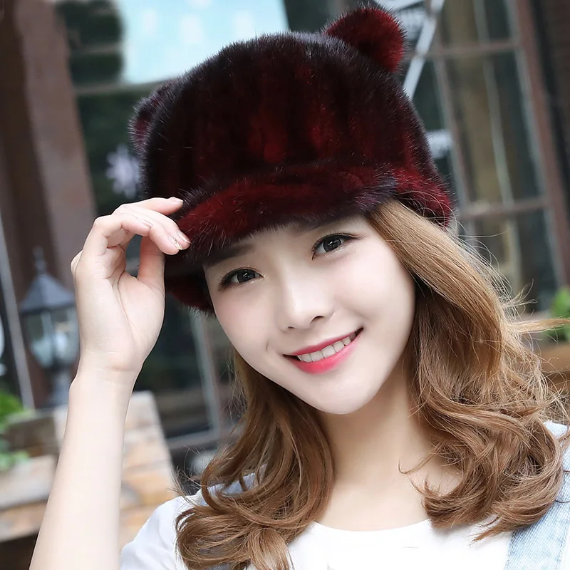 Новая стильная норковая шапка, женская зимняя Милая замшевая шляпа с кошачьими ушками, зимняя теплая меховая шапка, Женская Корейская версия - Цвет: wine
