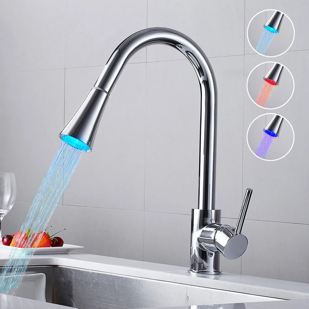 

LED Kitchen Faucets with Rubber Design Mixer Faucet for Kitchen Single Handle Pull Out Deck Mounted for Sinks