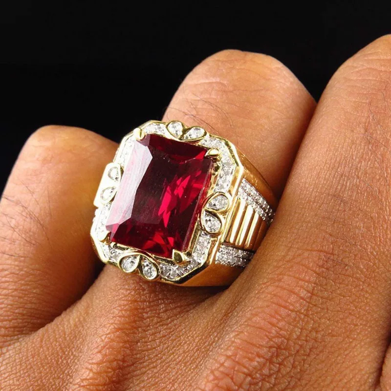 Роскошное мужское большое кольцо с красным камнем, модное геометрическое кольцо на палец из желтого золота, винтажные обручальные кольца для мужчин