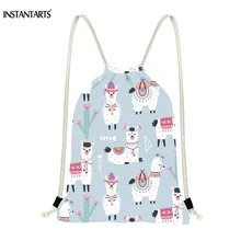 INSTANTARTS Drawstring Bag Women’s Men’s Fashion Drawstring Backpack School Boy Schoolbag Cartoon Alpaca Print Satchel 2019 New