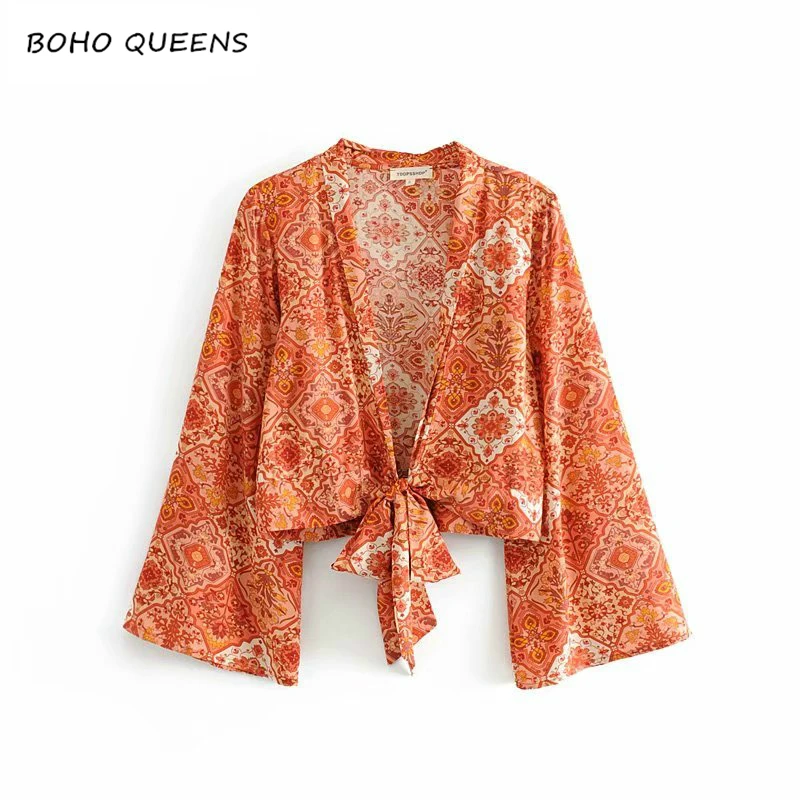 

Boho Vintage Floral Print Sashes short Kimono Women New Fashion V Neck flare Sleeves Ladies Blouses Casual Blusas