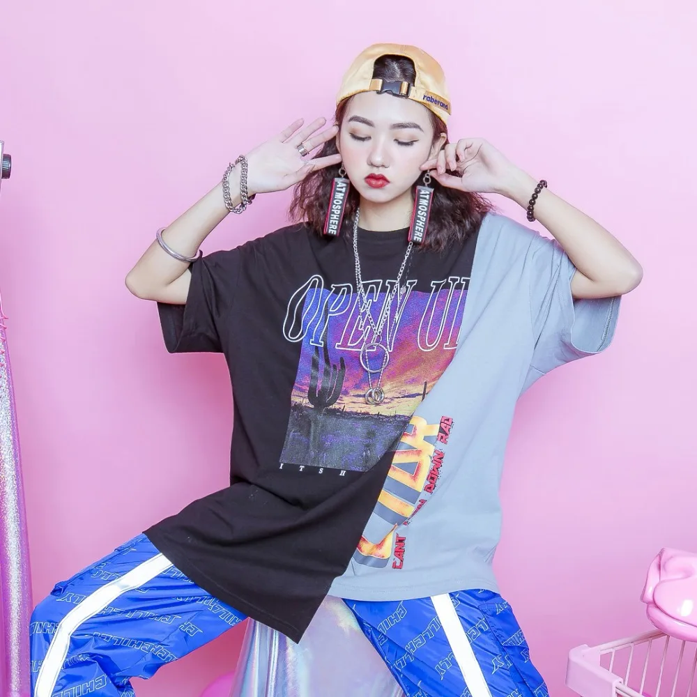 

Jasmine summer street color mosaic cactus Harajuku letter print T-shirt loose BF