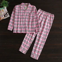 Осенний Женский Повседневный клетчатый женский пижамный комплект хлопковый спальный костюм Laides рубашка с длинными рукавами и отложным воротником+ брюки