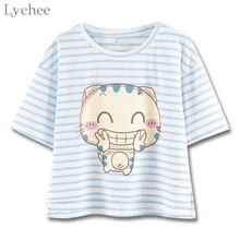 Lychee Милая Летняя женская футболка с рисунком кота в полоску, Повседневная Свободная футболка с коротким рукавом, женская футболка