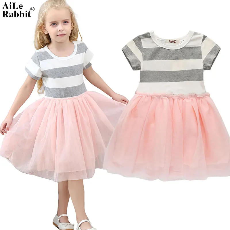 AiLe Rabbit Summer Girls Dresses Fashion Striped Short Sleeve Dress Princess Yarn Classic Popular Children's Clothing Pink | Детская