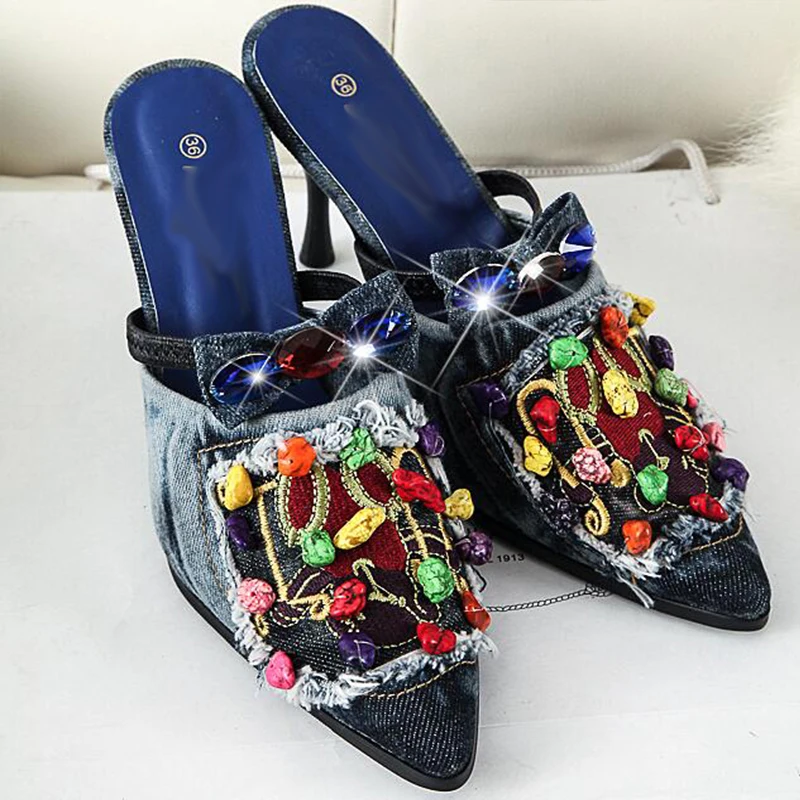 Босоножки женские джинсовые туфли лодочки на тонком высоком каблуке с открытым