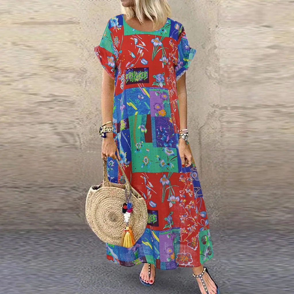 

Women Dress Vintage Bohemian Print Long Dresses Short Sleeve O-Neck Plus Size Maxi Dress Robe Femme Vestidos D722