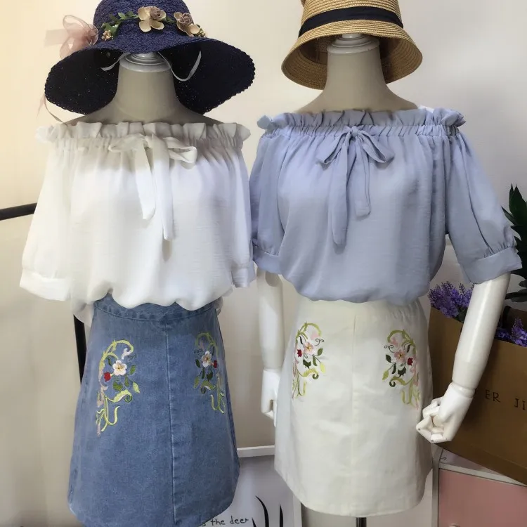 

2016 Brand Design Women Summer Loose Blouses Tops Slash Neck Bowknot Ruffled Collar Half Sleeve Woman Casual Blouse Jumpers
