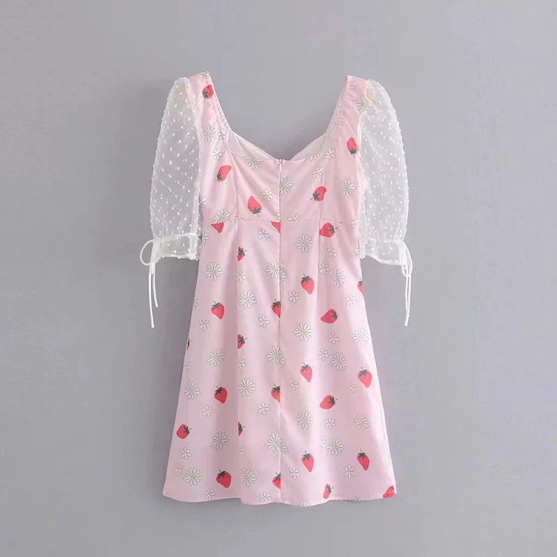 Летнее платье Бохо винтажное кружевное мини-платье с бантом женское шикарное клубничное платье с принтом kawaii розовое платье Корейская одежда vestidos - Цвет: Розовый