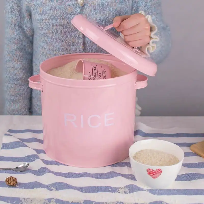 

Metal Sheet Rice Barrel Household Rice Storage Box Flour Bucket Rice Jar Lovely Pink Storage Tank Kitchen Utensils Tools