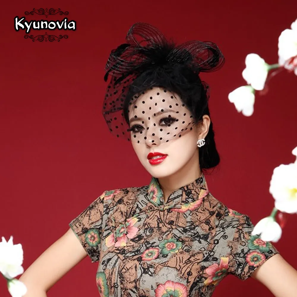 Kyunovia Black/White/Red/Pink/Purple Birdcage Bridal Flower Feathers Fascinator Bride Wedding Hats Face Veils FW12