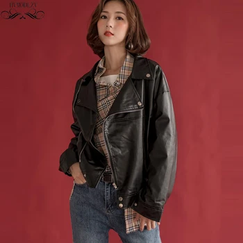 

Women 2019 New Black PU Locomotive Clothing Loose Coat Fashion Basic Streetwear Vintage Female Jacket Leather Outerwear HJ193