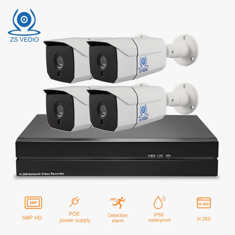 

ZSVEDIO 4ch H.265 5MP Surveillance IP camera POE 48v 8ch POE NVR kit plug and play p2p UHD video ip camera 8ch NVR kit