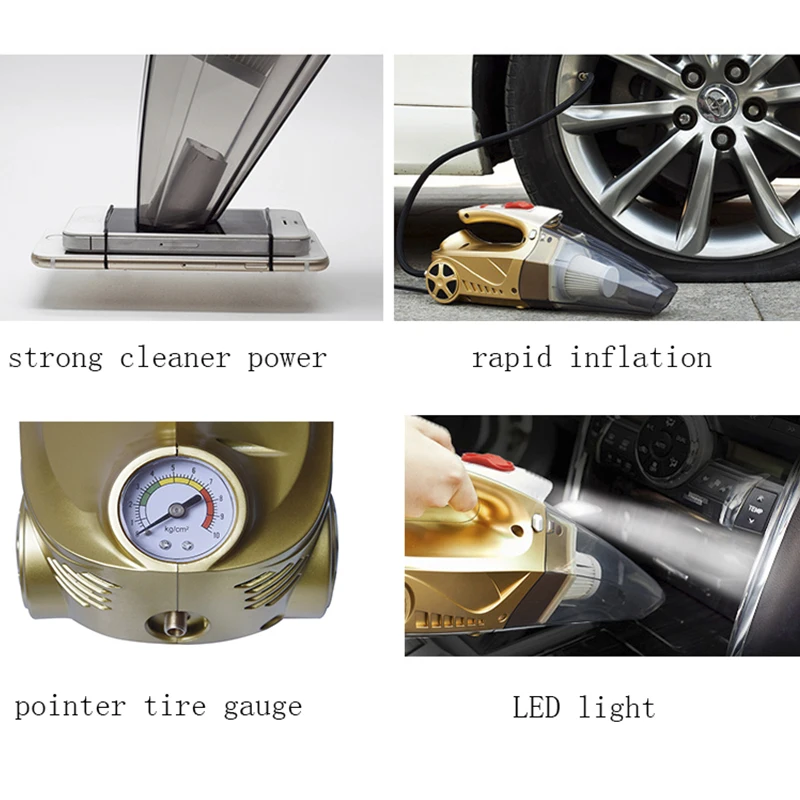 

DC12V Wet Dry Portable 4 In 1 Multi-Function Car Vacuum Cleaner Hepa Filter Tire Inflator Tire Pressure Gauge Monitor LED Light