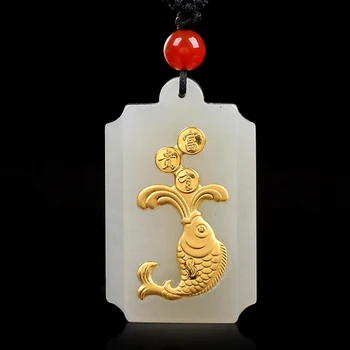 

Hetian White Jade Pendant Necklace Natural Nephrite Jade 24K Gold Fuguiyouyu Fish Pendants For Men Women Couple Fine Jewelry