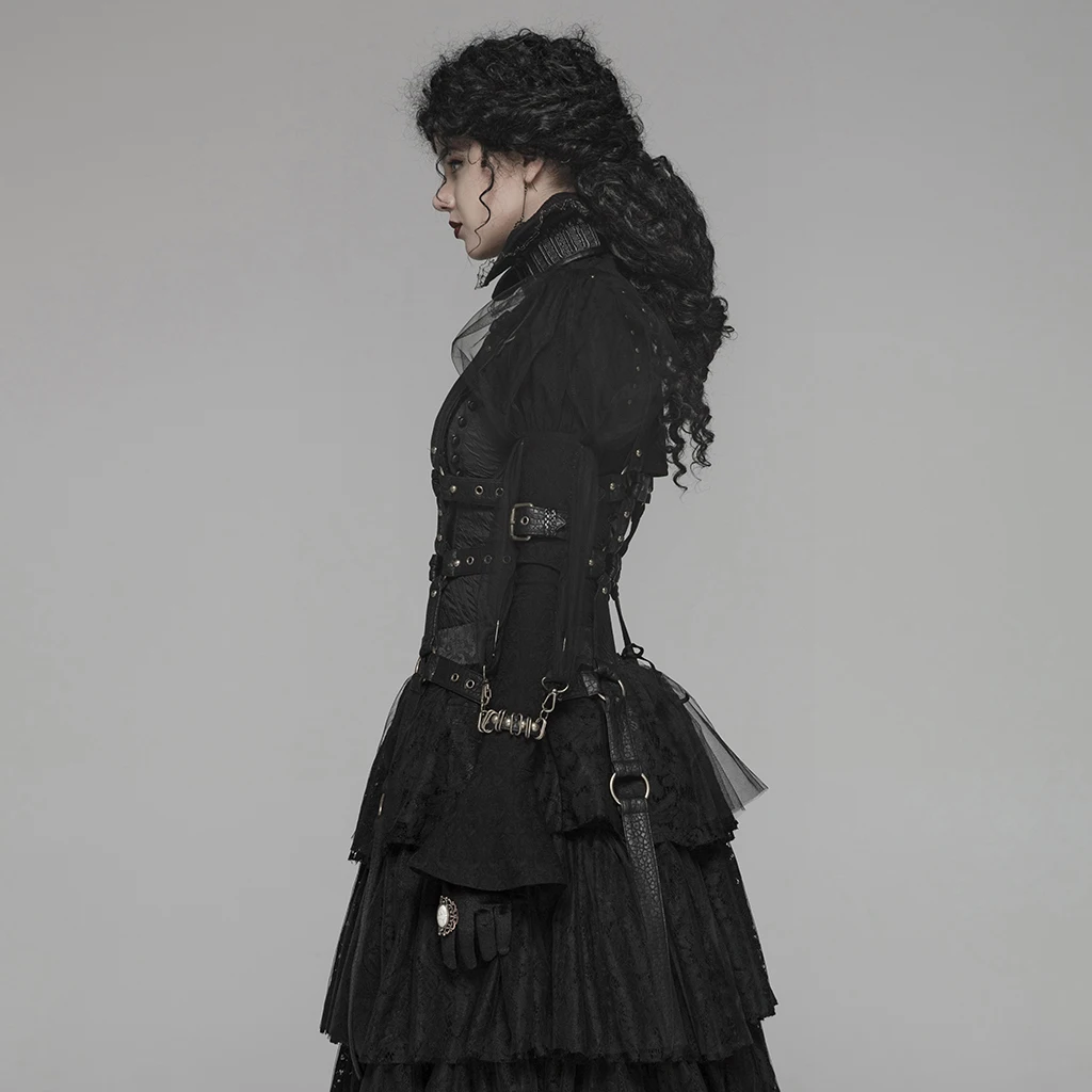 Панк рейв женские стимпанк пузырь рукав Черное короткое пальто с ПУ сетки регулируемые пряжки Вечерние Индивидуальные женские пальто куртки
