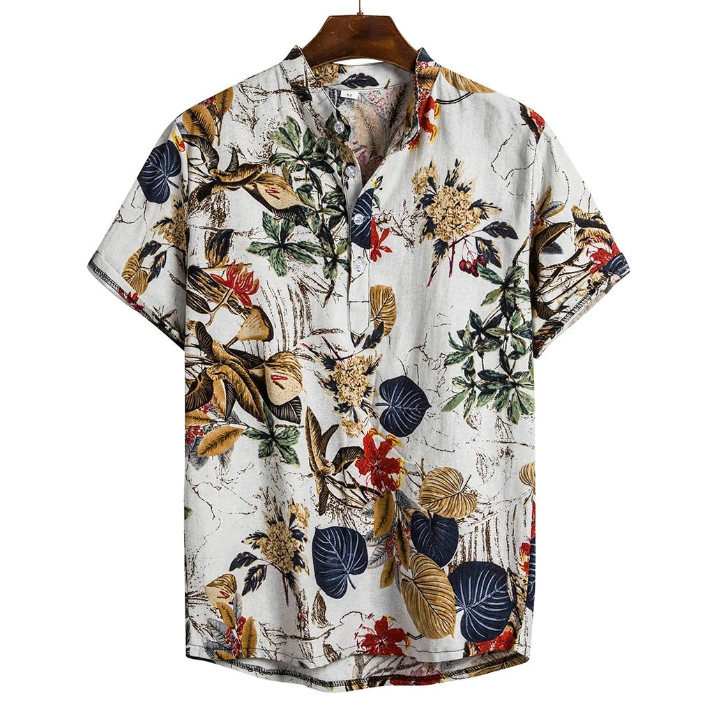 Summer Mens Shirt chemise Ethnic Short Sleeve Casual Cotton Linen Printing Hawaiian Shirt Men Blouse camisa masculina streetwear