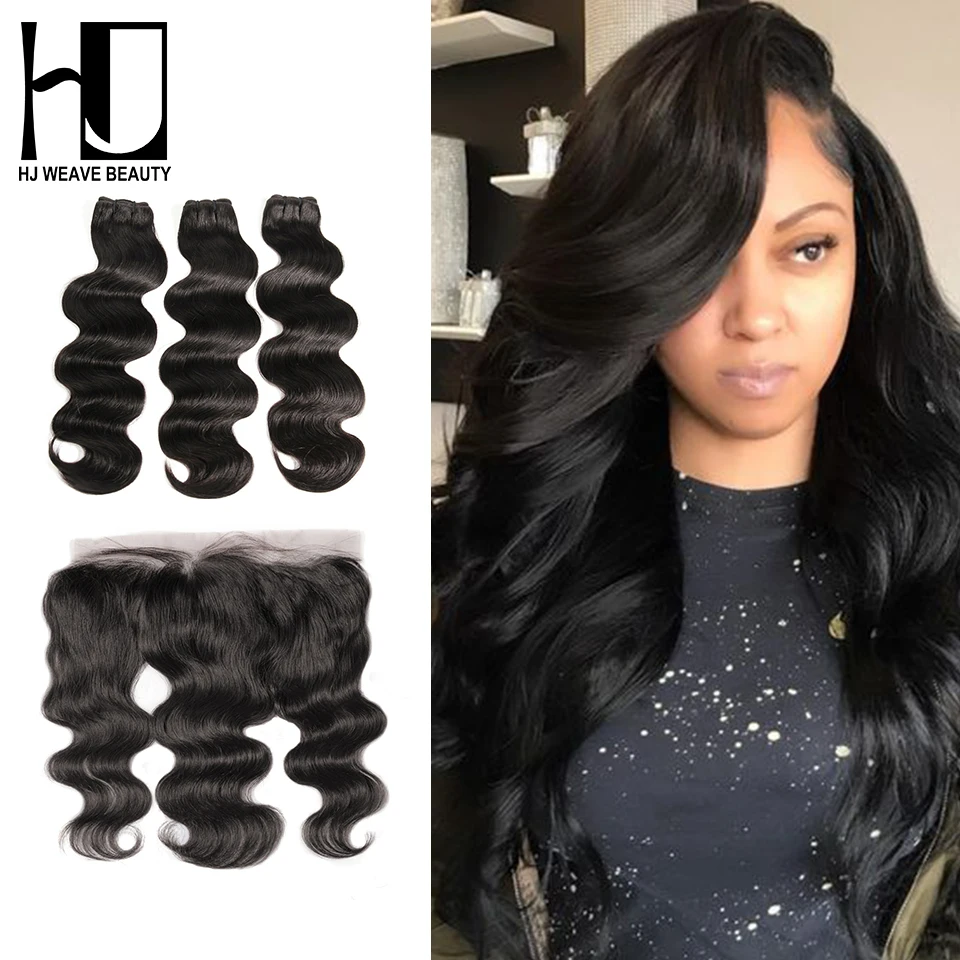 

HJ WEAVE BEAUTY Body Wave Raw Indian Virgin Hair 3 Bundles With Frontal Hair Weave Bundles With 13x4 Lace Frontal Free Shipping