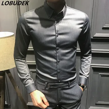 

2018 New Korean style casual shirts England style Fashion slim long sleeve Shirt Spring Autumn male shirt for singer dancer show
