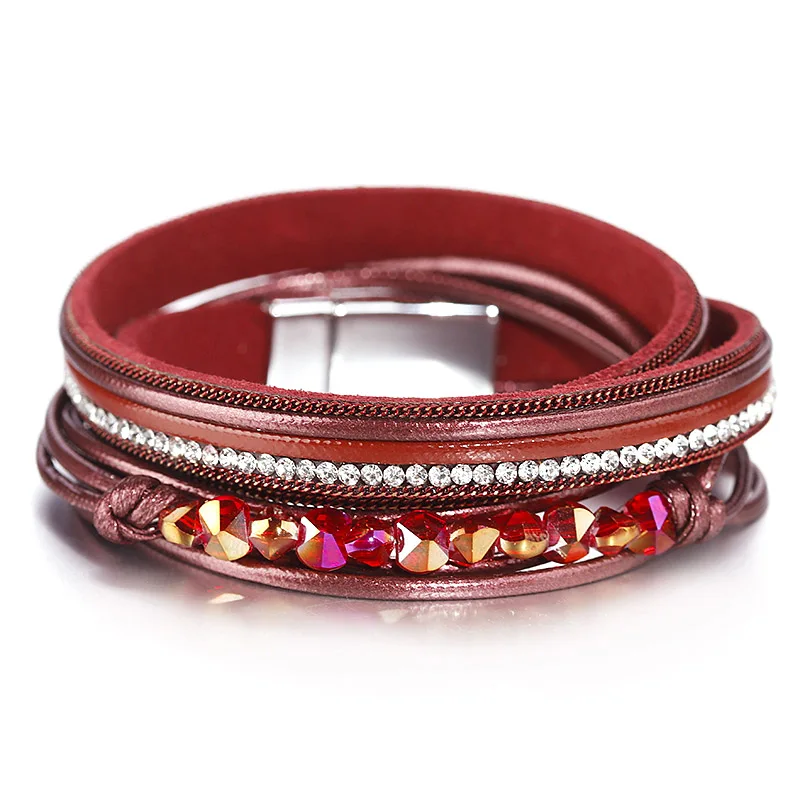 Женский кожаный браслет ALLYES, модные Многослойные браслеты в богемном стиле с кристаллами и бусинами для женщин, ювелирные изделия - Окраска металла: Red