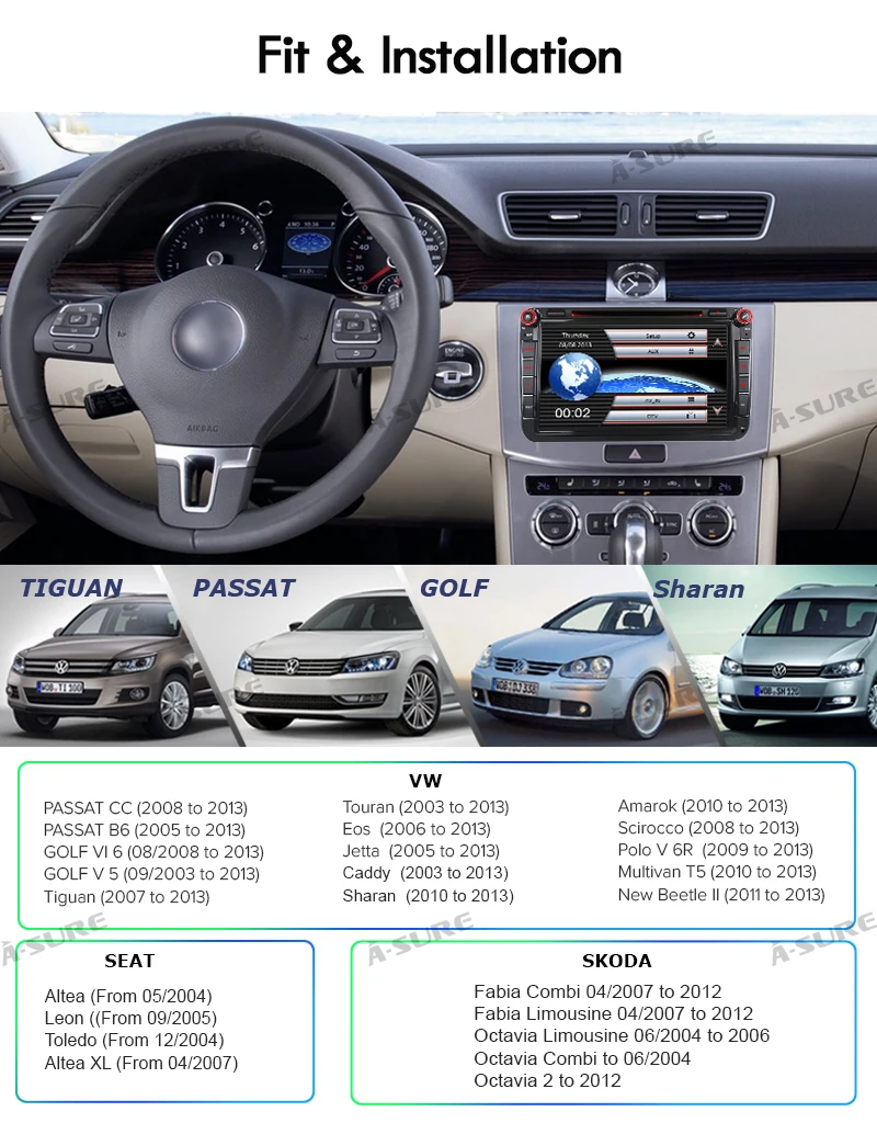 Cheap A-Sure 8 Inch 2 Din Car Radio DVD Player Navi For Volkswagen VW Passat Skoda T5 Polo Sharan TOURAN TIGUAN GOLF 5 6 Skoda Seat 5