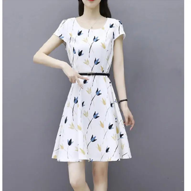 

None Summer Women Short Sleeve Fashion Flower Printing Thin High Quality Dress Waist A-line Dress Simple Natural Summer Girl