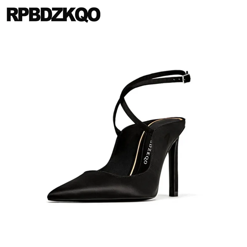 

Pointed Toe Summer Black Sexy Dress High Heels Evening Sandals Stiletto Slingback Satin Party Shoes For Women Pumps Cross Strap