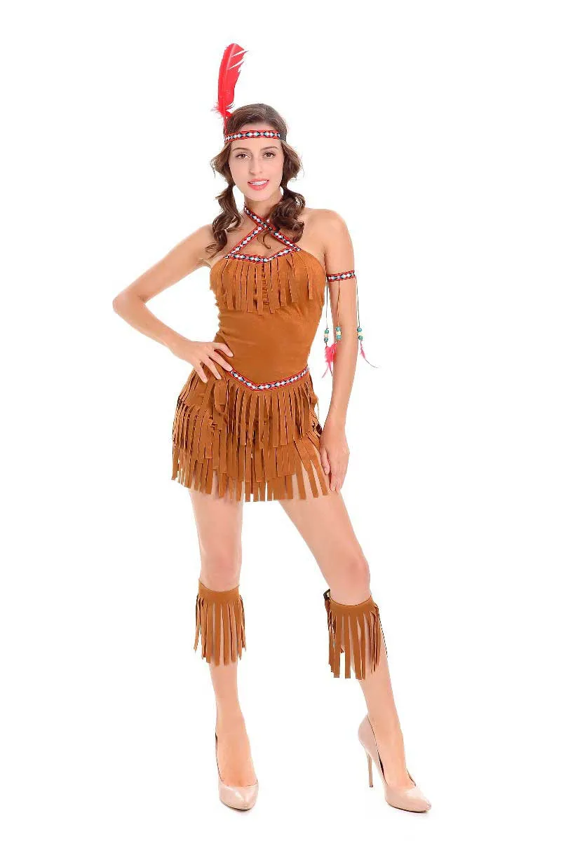M-XL, сексуальный женский костюм с бахромой, индейцы, принцесса диких лесов, охотник, костюм для косплея, для вечеринки на Хэллоуин, нарядное платье - Цвет: Коричневый
