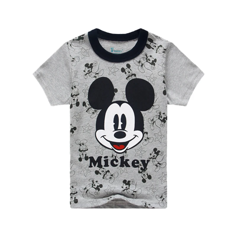 Новое поступление, Детская футболка с принтом Микки из мультфильма футболки для мальчиков и девочек, одежда для детей, летний короткий серый костюм футболки